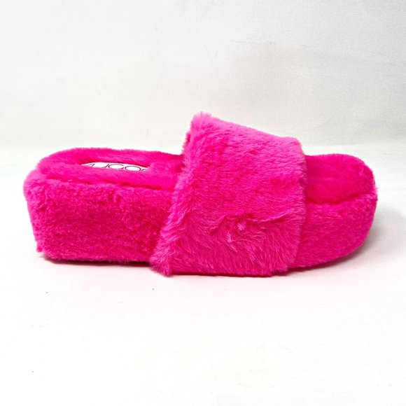 Sugar Shoes - Sugar Wryde Hot Pink Platform Womens Fluffy Slip On Fur Slipper Warm Sandals